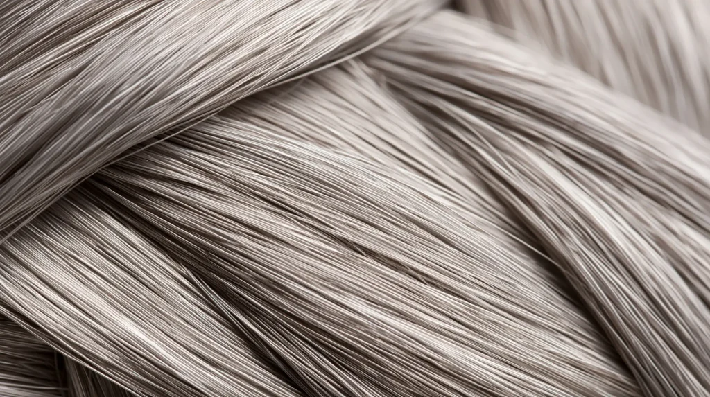 Elegante graue Haarstruktur: Nahaufnahmen natürlicher, seidiger Strähnen und kunstvoller Frisuren