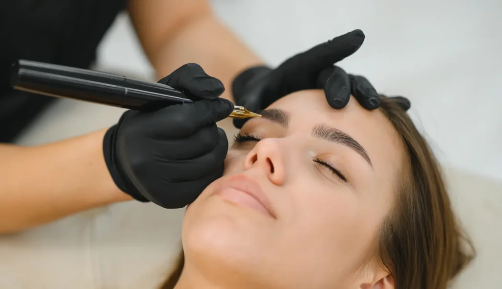 Eine Kosmetikerin führt ein Permanent-Make-up an den Augenbrauen durch.